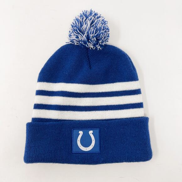 Indianapolis Colts Unisex Beanie Hat Blue White Striped Horseshoe Logo Pom Pom - Picture 1 of 6